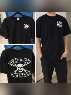 BDG 32 Black Graphic Tee Deadbeat Garage Skull Back Print Men’s Size 2XL